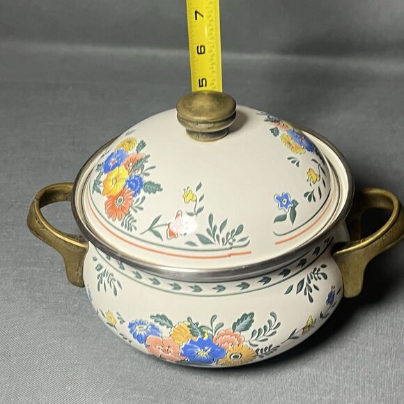 Vintage Kamenstein Dutch Oven W/Lid Enamel & Brass Cookware Floral 2 Quart Pot - Picture 6 of 11